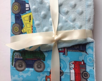 Firetruck / dump truck / construction truck minky fleece cotton baby blanket 26"x28"