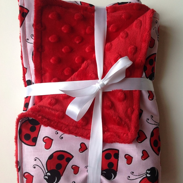 Ladybug minky fleece cotton baby blanket 26"x28"