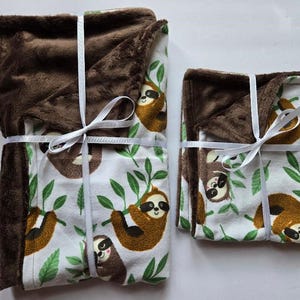 Sleepy sloth minky fleece baby flannel blanket 26"x28" with matching burp cloth 12"x16"
