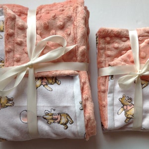 Winnie the Pooh minky fleece flannel cotton baby blanket 26"x28" with matching burp cloth 12"x17"