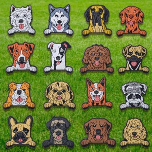 May include: A collection of colorful dog-themed stickers featuring various breeds, including a Husky, Bulldog, and Labrador. Each sticker has a unique design with the dog's face and a small border, set against a green grass background.