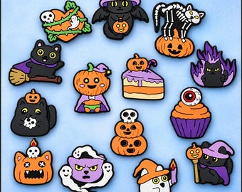 14 Pcs Halloween Shoe Charms Set, Cute Spooky Pumpkin Cat Witch Charms, Gothic PVC Shoe Accessories for Clogs, Sandals, Kids Teens Gift