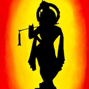 May include: Silhouette of a figure playing a flute, set against a gradient background of yellow and red. The figure is black, with details suggesting traditional attire and a headdress. The artwork evokes a sense of spirituality.