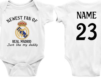 Personalized Newest Fan of Real Madrid Baby Bodysuit, Custom Name and Number Real Madrid Bodysuit, Just Like My Daddy Bodysuit