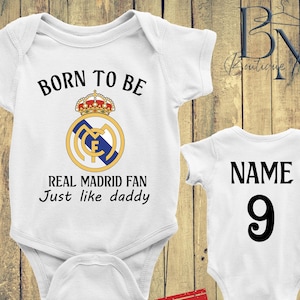 Personalized Born To Be Real Madrid Fan Baby Bodysuit, Custom Name and Number Real Madrid Jersey, Just Like Daddy Bodysuit, Baby Shower Gift