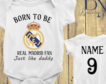 Personalized Born To Be Real Madrid Fan Baby Bodysuit, Custom Name and Number Real Madrid Jersey, Just Like Daddy Bodysuit, Baby Shower Gift