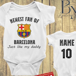 Personalized Newest Fan of Barcelona Baby Bodysuit, Custom Name and Number Barcelona Jersey, Just Like My Daddy Bodysuit, Baby Shower Gift