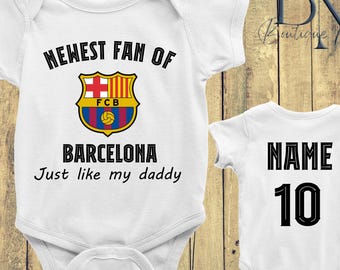 Personalized Newest Fan of Barcelona Baby Bodysuit, Custom Name and Number Barcelona Jersey, Just Like My Daddy Bodysuit, Baby Shower Gift