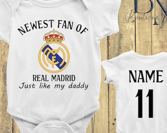 Personalized Newest Fan of Real Madrid Baby Bodysuit, Custom Name and Number Real Madrid Jersey, Just Like My Daddy Outfit, Baby Shower Gift