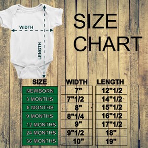 May include: White baby onesie with a size chart. The chart lists sizes from newborn to 36 months, with corresponding width and length measurements in inches. The text "SIZE CHART" is displayed in large, bold letters.