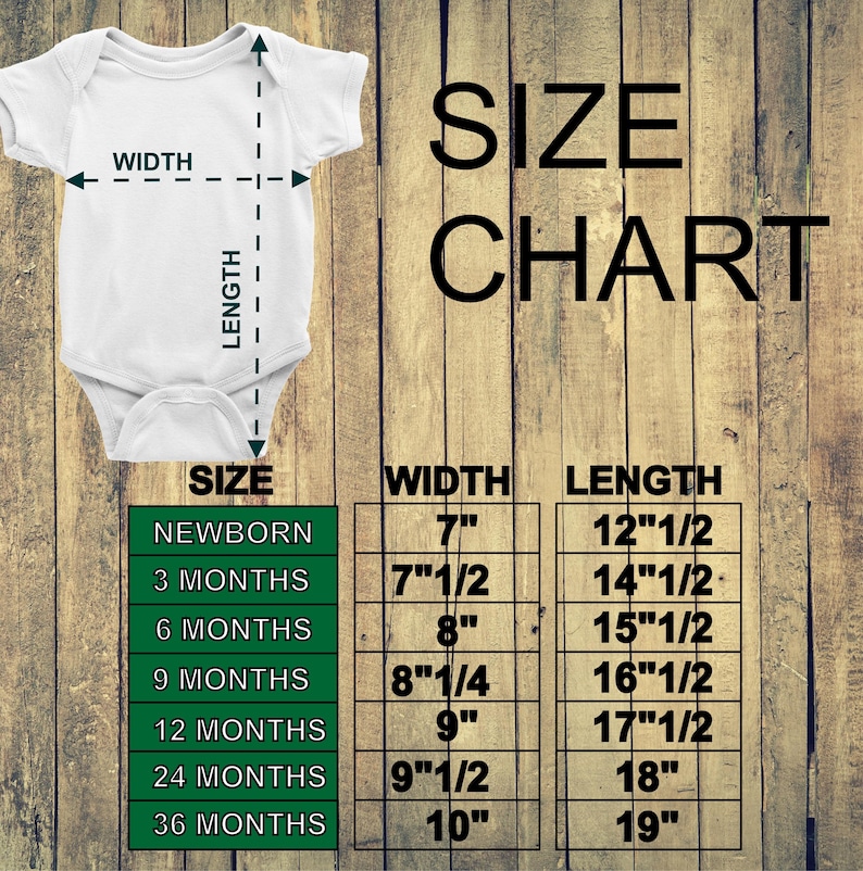 May include: White baby onesie with a size chart. The chart lists sizes from newborn to 36 months, with corresponding width and length measurements in inches. The text "SIZE CHART" is displayed in large, bold letters.