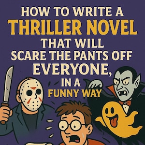 Puede incluir: Ilustración con texto: "CÓMO ESCRIBIR UNA NOVELA DE SUSPENSO QUE ASUSTE A TODOS, DE FORMA DIVERTIDA". Una persona escribe en una máquina de escribir, mientras un vampiro, un fantasma y una figura enmascarada con un cuchillo se ciernen. Una taza de Halloween está en el escritorio.