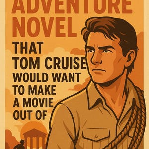 May include: Poster with text "HOW TO WRITE AN ADVENTURE NOVEL THAT TOM CRUISE WOULD WANT TO MAKE A MOVIE OUT OF." Features an illustration of a man in a tan shirt with a rope over his shoulder, and a silhouette of a person running.