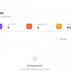 May include: A digital interface for lead intelligence, displaying data analysis and management tools. The interface features a purple and white color scheme, with sections for total leads, hot leads, warm leads, and conversion rate. The text "No leads found" is displayed.