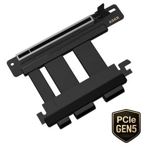 May include: A black PCIe Gen5 riser cable with the text "ASKR" printed on the top. The cable has a rectangular design with multiple slots and connectors. A gold and black shield icon with the text "PCle GEN5" is in the bottom right corner.