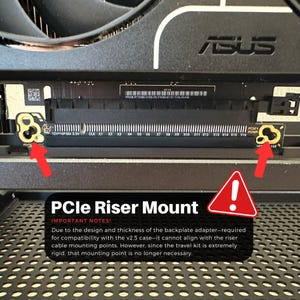 May include: Close-up of a computer component, featuring a PCIe Riser Mount. The image shows a black and gold circuit board with the text "PCle Riser Mount" and other technical details. A red warning sign is also visible.