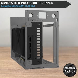 May include: A gray computer case with a black interior, featuring the text "NVIDIA RTX PRO 6000 - FLIPPED" and "Compatible with FormD T1 V2.1 & V2.5". The case has a rectangular design with multiple openings and a black panel with ports. The bottom right corner has a circular logo that says "PRINTED IN ASA-CF".