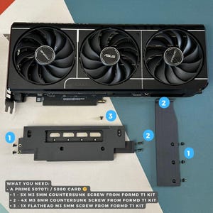 May include: Black computer graphics card with three fans, the ASUS logo, and the word PRIME. Includes screws and a bracket. Text at the bottom lists the parts needed for assembly: a PRIME 5070TI / 5080 card.