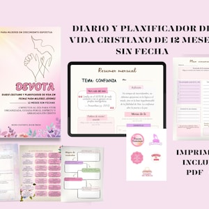 Könnte beinhalten: Eine Sammlung druckbarer christlicher Lebensplaner und Journale. Das Bild zeigt ein Buch mit dem Titel "DEVOTA", ein Tablet mit einer monatlichen Zusammenfassung und mehrere druckbare Seiten. Das Farbschema ist hauptsächlich rosa und weiß.
