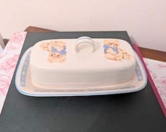 Vintage Tienshan Teddy Bear Lidded Butter Dish