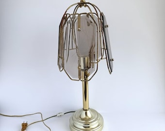 Mcm Starburst Etched Smoky Glass Panel Brass Frame Table Top Accent Lamp VTG