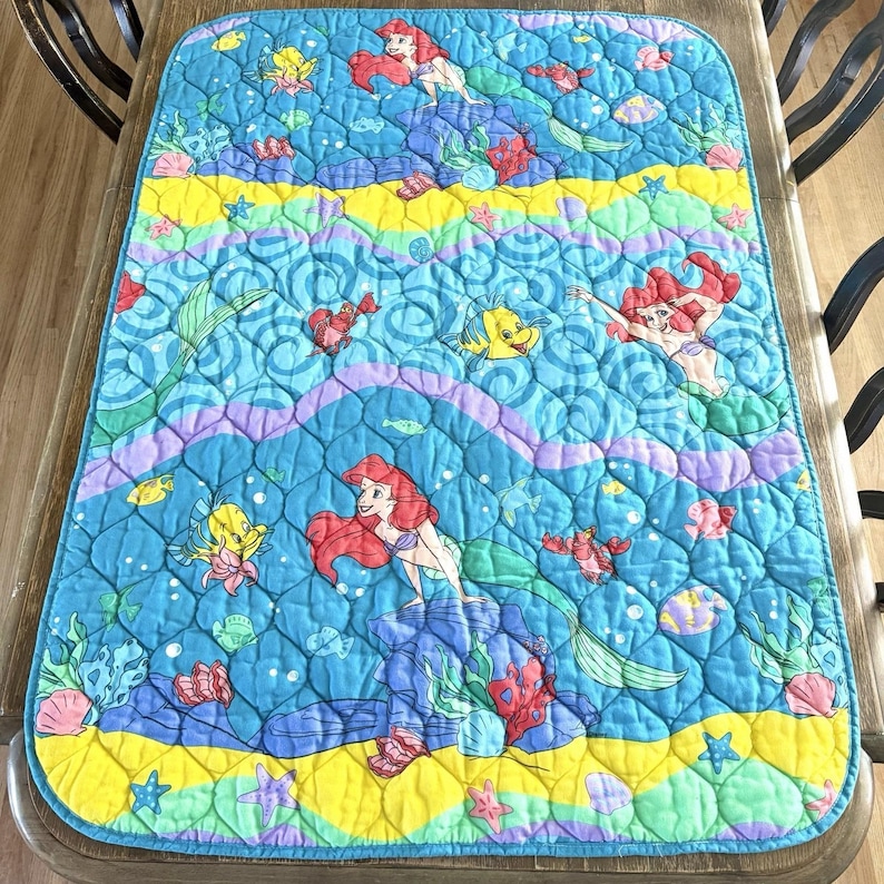 Rare 90s Disney Little Mermaid Quilted Crib Baby Blanket Ariel Flounder Vintage image 1