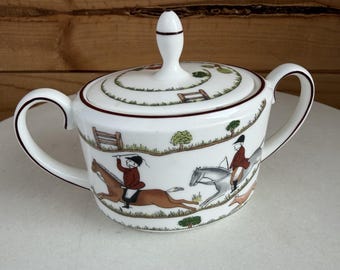 Zuccheriera con coperchio in porcellana fine Coalport, con scena di caccia, Inghilterra, rara.