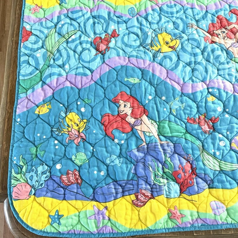 Rare 90s Disney Little Mermaid Quilted Crib Baby Blanket Ariel Flounder Vintage image 2