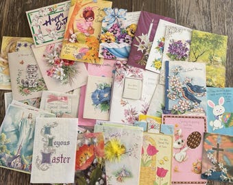 Lotto di oltre 40 biglietti d'auguri pasquali vintage usati, anni '40-'70, per scrapbooking, arte effimera.