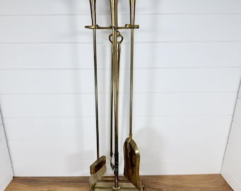 Brass Duck Head Fireplace Tool Set Vtg 1970s Mallard 4 Tools + Stand NICE