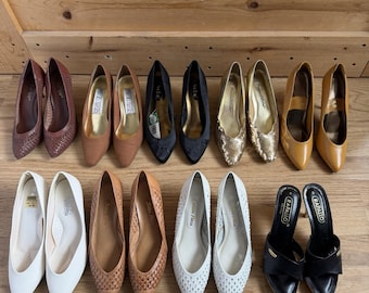 9 Zapatos de tacón vintage nuevos/en excelente estado, tallas 6/7.5/8, de cuero, estilo clásico de película de los años 80.