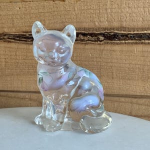 Fenton MCM Glass Cat Hand Painted With Flowers Floral Design Opalescent 3.5&quot;