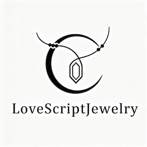 May include: A black logo on a white background featuring a stylised letter C that incorporates a necklace with a hexagonal pendant and small beads. The text LoveScriptJewelry is printed in a serif font directly below the graphic icon.
