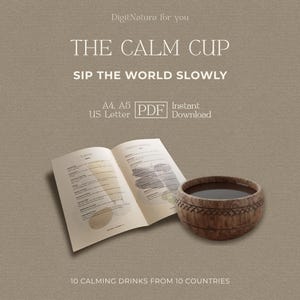 The Calm Cup • Diário de bebidas para impressão em PDF • Guia global de bebidas conscientes • Impressão própria A4 + Carta dos EUA • Receitas de relaxamento e rituais