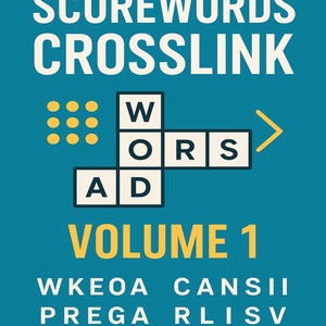 May include: A teal-colored book cover with the title "SCOREWORDS CROSSLINK" in white, and "VOLUME 1" in yellow. A crossword puzzle graphic is featured, along with a list of scrambled words at the bottom.