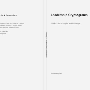 May include: A book cover titled "Leadership Cryptograms" with the subtitle "100 Puzzles to Inspire and Challenge." The cover includes text: "Crack the code, unlock the wisdom!" and details about the book's contents and author.
