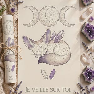 Fennec Fox Baby Room Poster | Whimsigoth Wall Decor | Baby Witch Poster with Moon and Crystals | Boho Baby Gift image 1