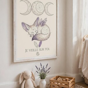 Fennec Fox Baby Room Poster | Whimsigoth Wall Decor | Baby Witch Poster with Moon and Crystals | Boho Baby Gift image 2