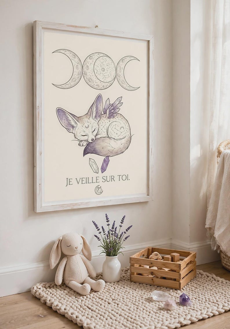 Fennec Fox Baby Room Poster | Whimsigoth Wall Decor | Baby Witch Poster with Moon and Crystals | Boho Baby Gift image 2