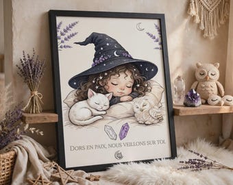 Jena Baby Witch Room Poster | Night Watchman Poster | Witchy Baby Cat and Owl Wall Decor | Baby Shower Gift