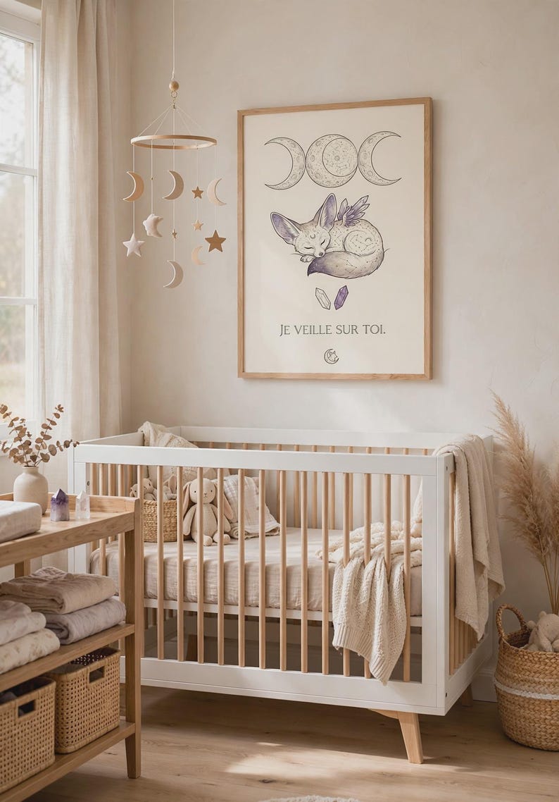 Fennec Fox Baby Room Poster | Whimsigoth Wall Decor | Baby Witch Poster with Moon and Crystals | Boho Baby Gift image 3