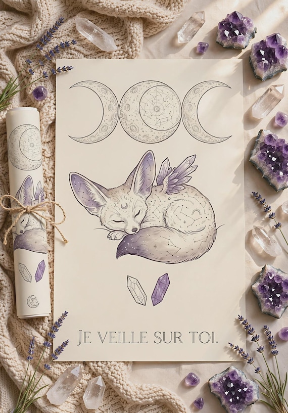 Affiche Fennec Chambre Bébé | Déco Murale Whimsigoth | Poster Bébé Sorcière Lune et Cristaux | Cadeau Naissance Bohème