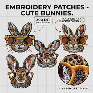 Bunny Patch PNG Bundle, Faux Embroidery Rabbit Leopard Glasses, Easter Sublimation DTF Digital Download