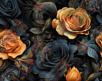 May include: A dark floral pattern featuring stylized roses in shades of gold, orange, and blue-gray. The design includes intricate details and a tattoo-like overlay, creating a unique and artistic aesthetic. The background is a deep black.