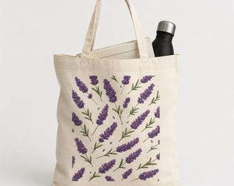 Lavender Tote Bag, Floral Canvas Market Bag, Purple Flower Tote, Everyday Shopping Bag