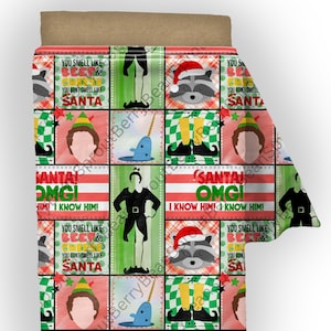 May include: A colorful Christmas-themed blanket featuring various festive characters and phrases. The design includes images of an elf, a raccoon wearing a Santa hat, and a narwhal. Text includes "You smell like beef & you don't smell like Santa" and "Santa! OMG! I know him!"