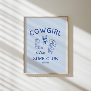 Blue Coastal Cowgirl Decor Surf Club Art Print | Coastal Granddaughter Poster Cowgirl Boot Print Preppy Coastal Aesthetic | Digital Download
