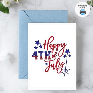 Afdrukbare kaart Happy 4th of July-kaart afdrukken thuis Wenskaart Fourth of July-viering Amerikaanse onafhankelijkheidsdag rood, wit en blauw