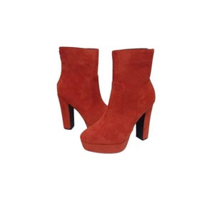 Women's TRENDY orange suede faux leather 5" block heel platform boots Size 7