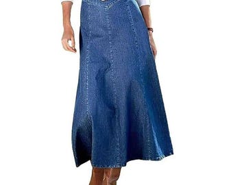 Flamingals Blue Denim Maxi Skirt High Waisted A-Line V-Yoke 2XL NWT